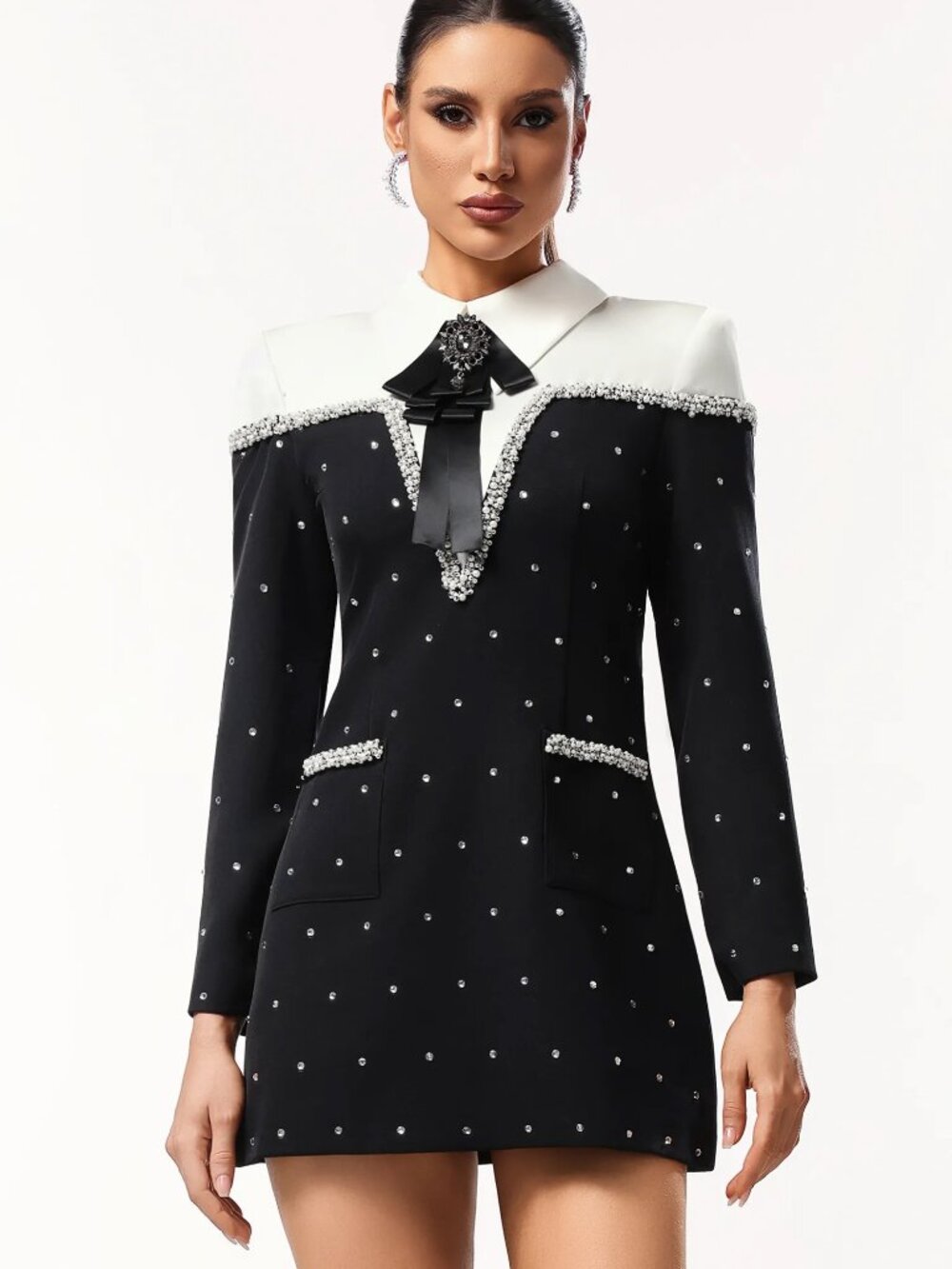 NWT Bella Barnett Daona Pearl Beaded Mini Dress Black Sz M
